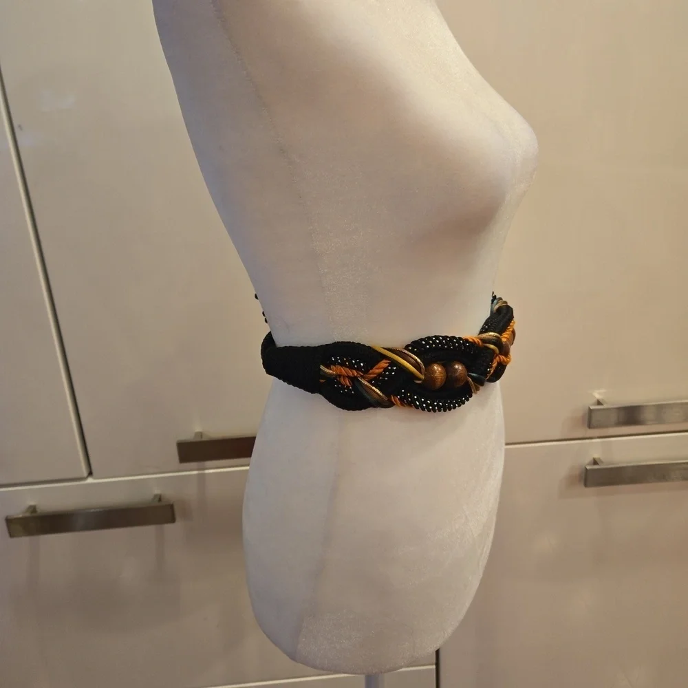 Vintage Braided Nylon Embellished Wood Accent Belt Womens Medium Large
